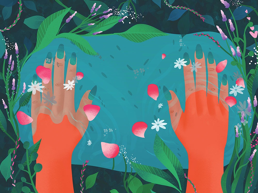 Two hands illustrated in water surrounded by foliage and flowers