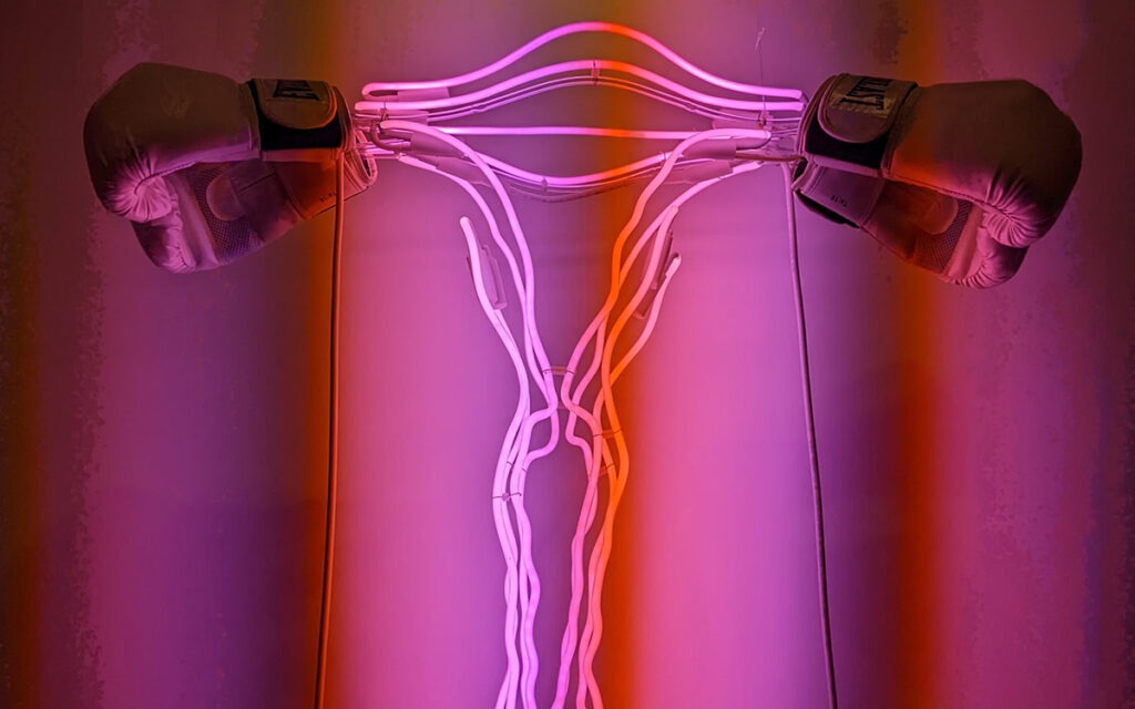 Pink neon lights, forming the shape of a uterus. Two pink boxing gloves are placed where the ovaries would be.