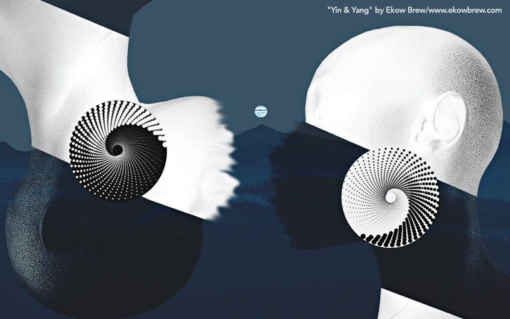 Ying and Yang image of two identical women facing each other. One is upside down. There are spiralized dot patterns in the place of earrings. The background is a muted gray-blue with mountains in the background.