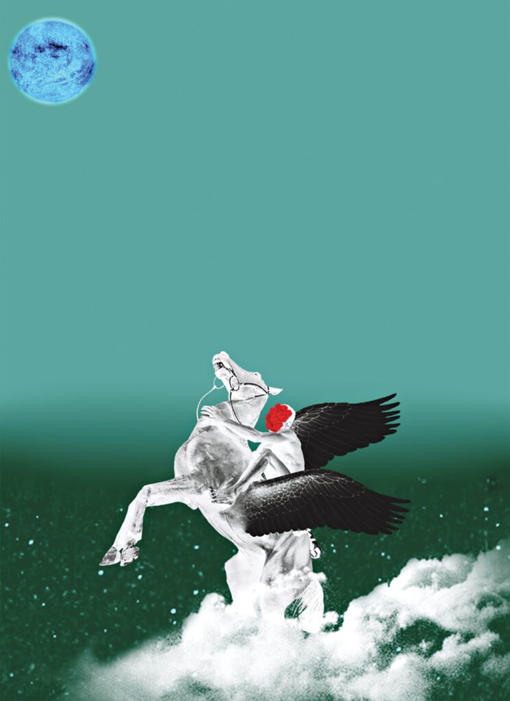 Negative image of a figure with roses for a face. He is riding a rearing horse with black wings. The horse is anchored in white clouds. The background is teal and there is a blue sun in the corner.