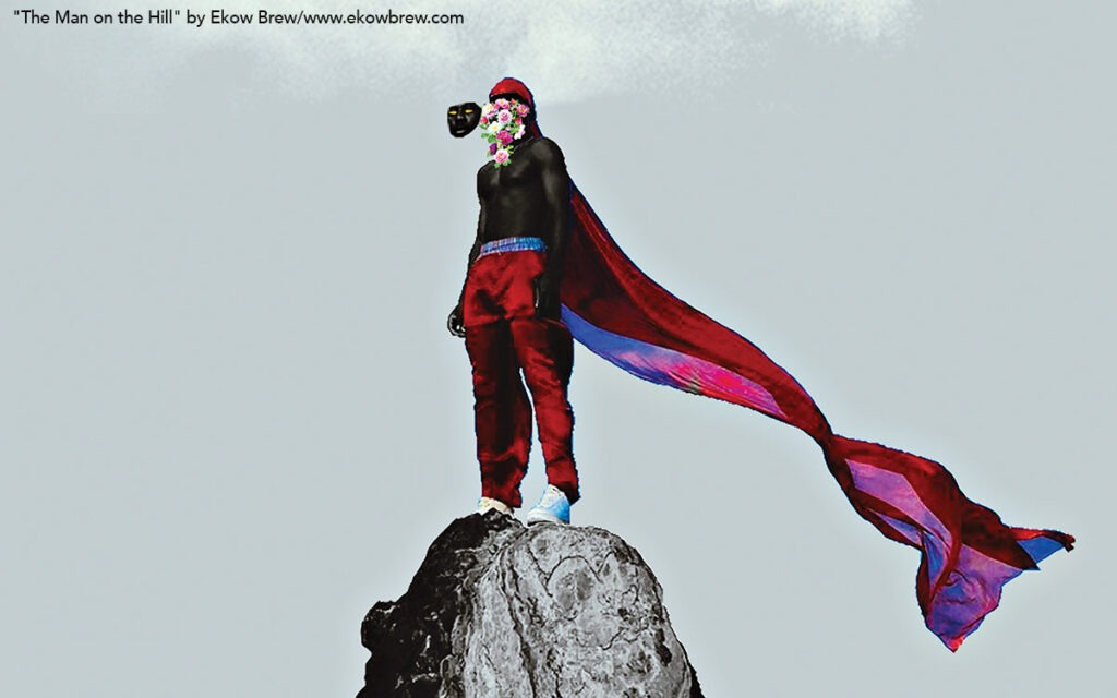 Image of a man standing on a rock with a flowing, red cape blowing in the wind behind him. His face is floating in front of his head and there are pink flowers growing from the space between face and head. The background is a desaturated sky.