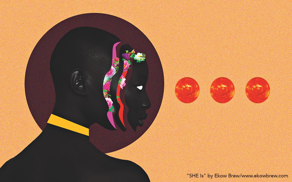 High contrast image of a Black woman whose face is segmented into thin slices which are floating in front in her head. Between the slices are flowers growing. She is looking towards a collage of three suns on an orange background.