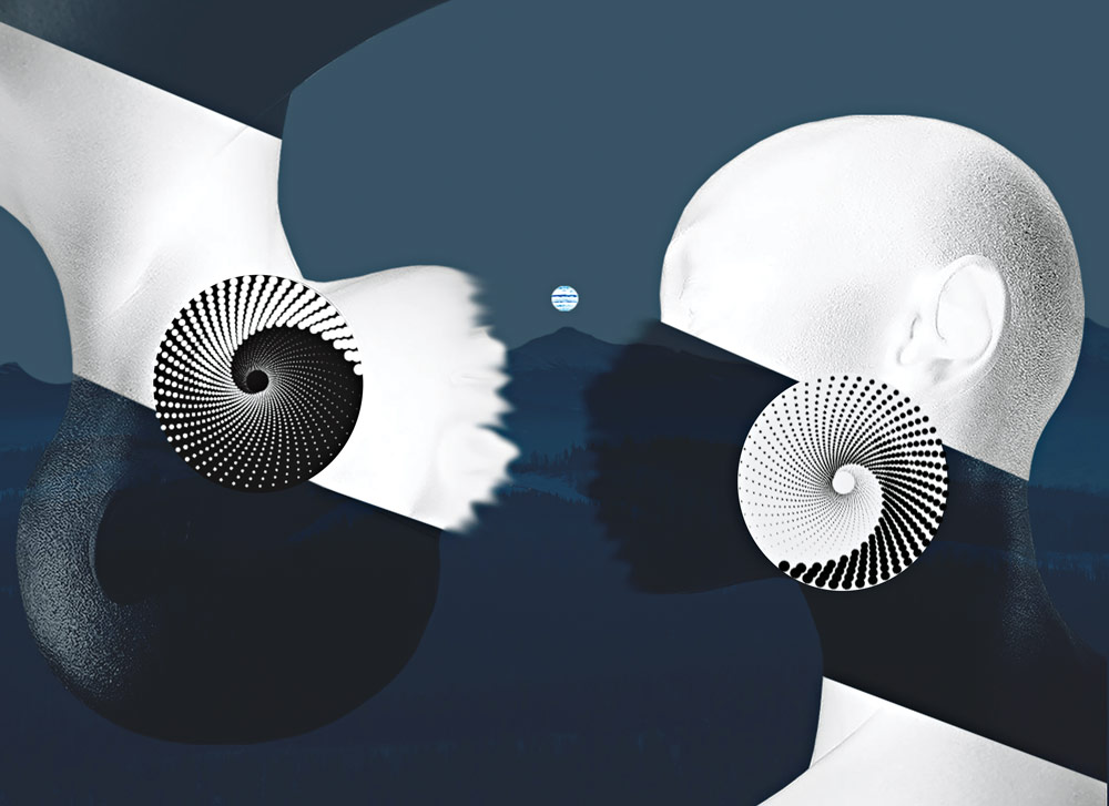 Ying and Yang image of two identical women facing each other. One is upside down. There are spiralized dot patterns in the place of earrings. The background is a muted gray-blue with mountains in the background.