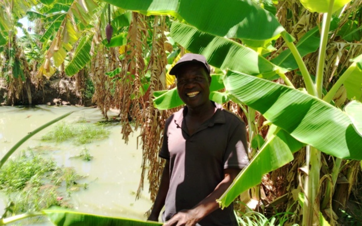 Eliot Nzarayebani, a Black man in a shirt and hat, in his banana farm in Gutuarare.