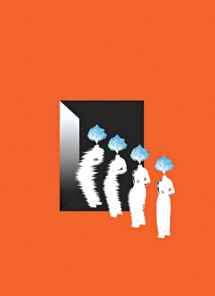 Four white figures with a blue bouquet of flowers for a head. The figures become more fuzzy as they approach an abstract door on an orange background.