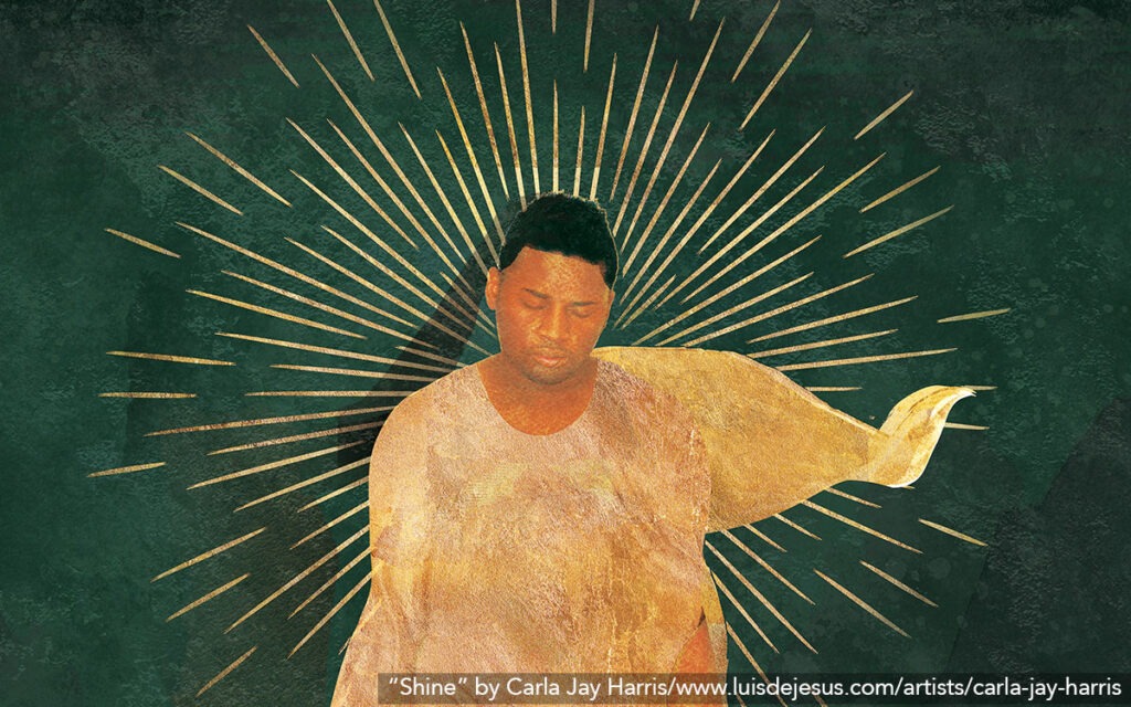 A collage of a Black man who is closing his eyes and wearing a flowing tan robe. He is standing against a textjured green background and there and golden rays emanating from him.
