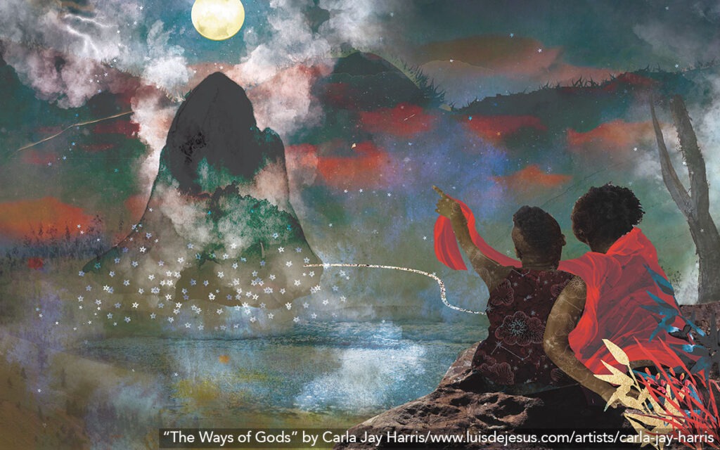 The Space Beyond: A collage of a Black man and woman, sitting on a rock formation in front of a towering green mountain with couds around it. There is a red scarf flowing between them, connecting them.