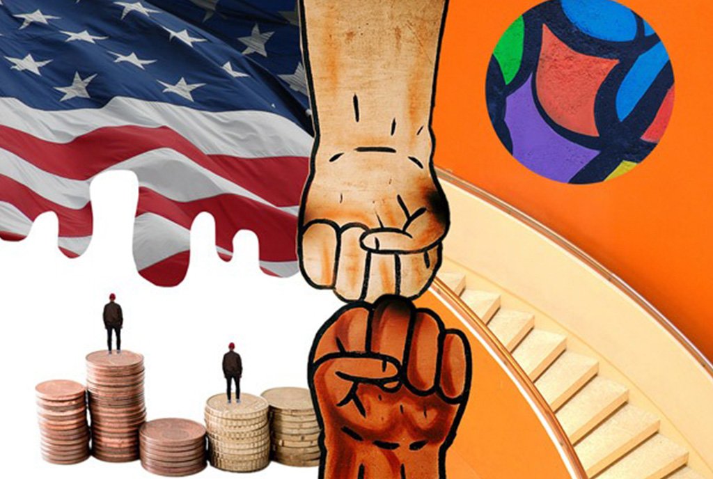 Bargaining for the Common Good Image: Two fists of different colors uniting with the American flag, stairs and people standing on coins in the background.