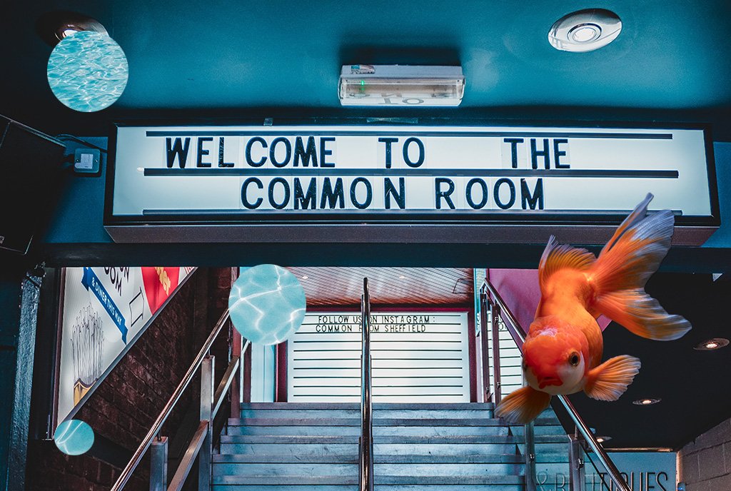 Commons Image: A stairwell that leads to a large, letter-block sign that reads "Welcome To The Common Room"