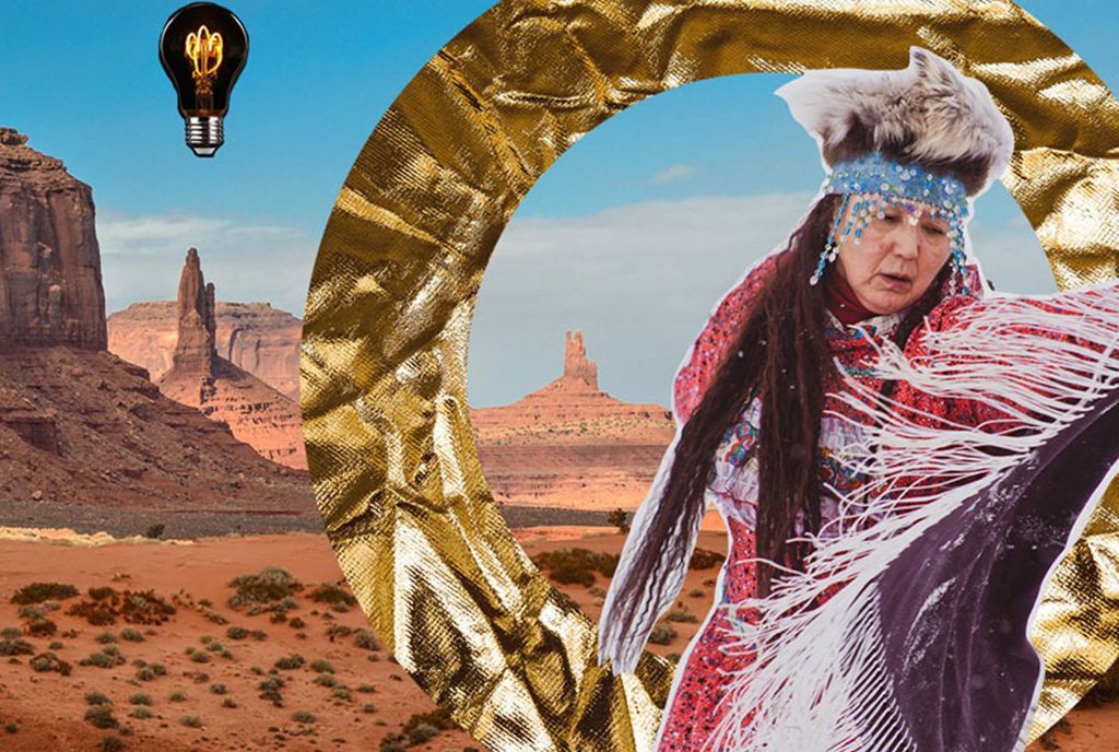 Community Land Trust Image: An Indigenous woman stands on a background of desert canyons and an icon of a lightbulb. 