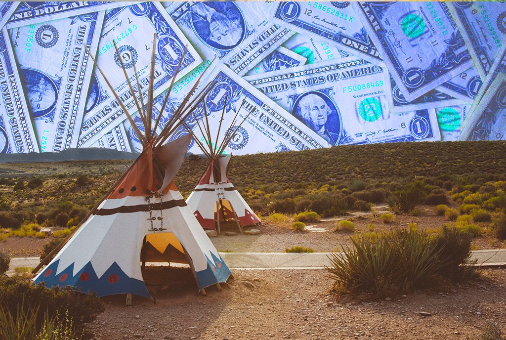 Indigenous Economics Image: Two tepees in the desert on a background of dollar bills.