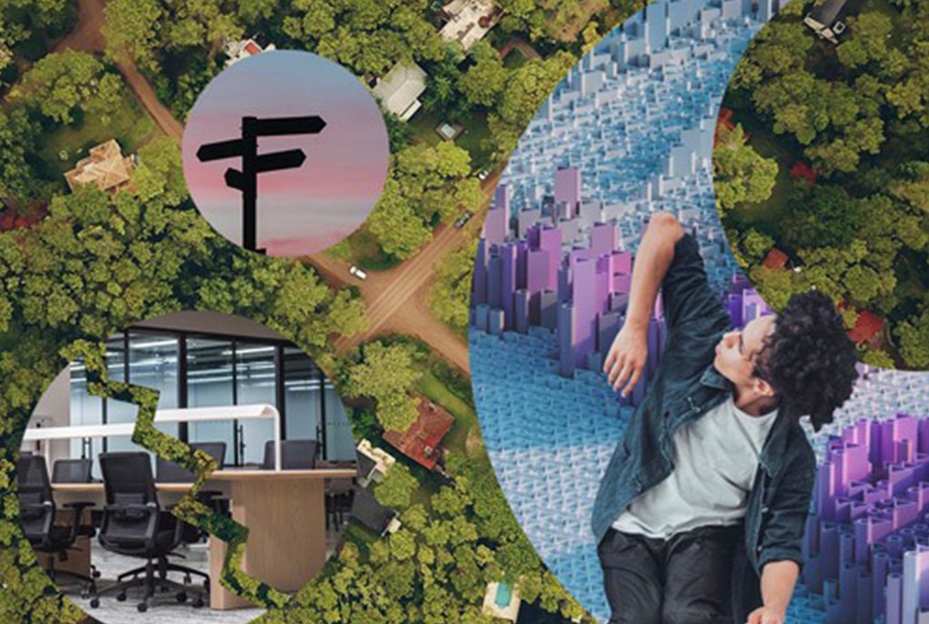 Ownership Image: A collage of an office cubicle, green trees, and city buildings. A person in the bottom right corner looks at the collage.