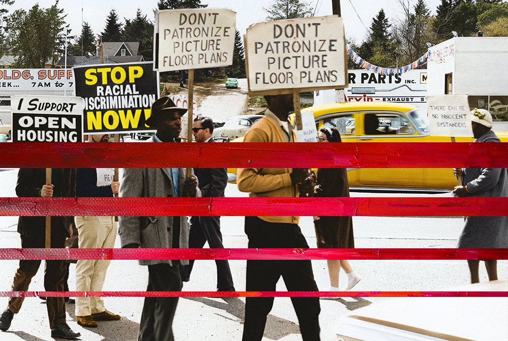 Redlining Image: Black protesters stand behind red tape holding signs that read "Stop Racial Discrimination Now" and "Don't Patronize Picture Floor Plans"