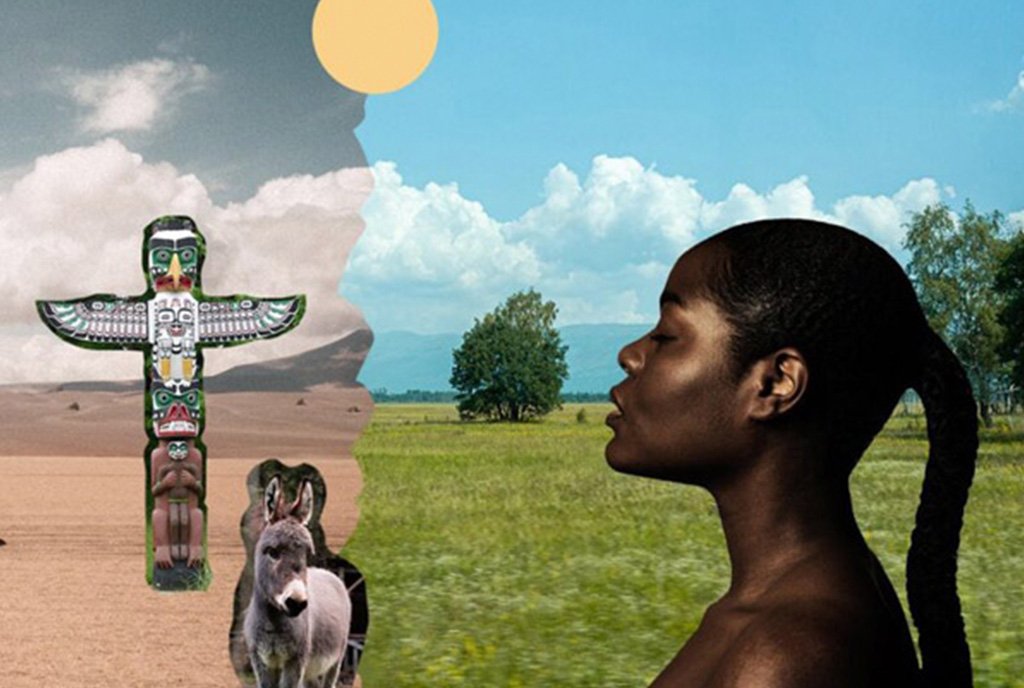 Reparations Image: A black woman with eyes closed stands over a background of open fields, a tribal statue, and a donkey