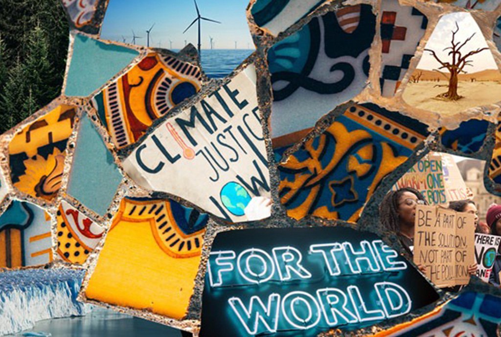Green New Deal Image: A collage of images of windmills, trees, a lake, and signs that read "Climate Justice Now" and "For the World"