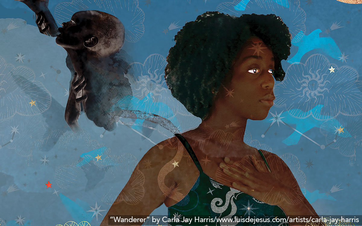 A colorful collage of a Black woman with curly hair holding her hand over her chest. There is a bald figure in the background drinking from a gourd. Around them are floating, superimposed floral designs.