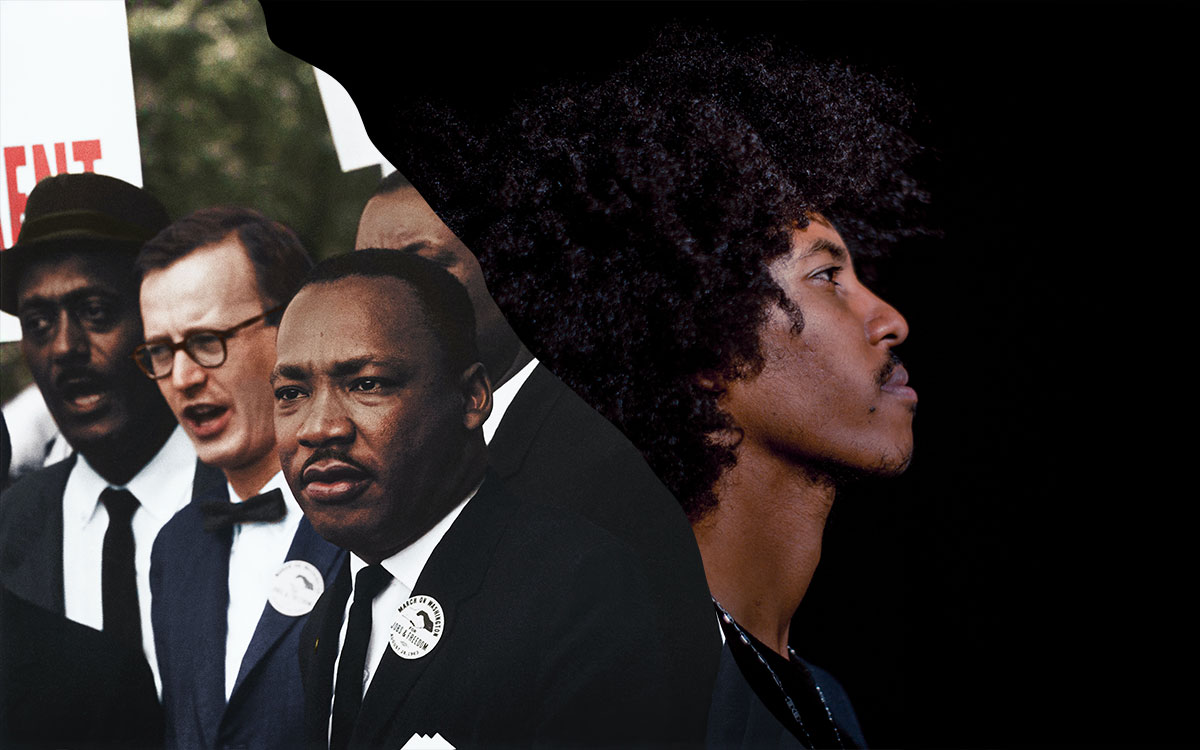 A split image of Martin Luther King Jr. in a suit, with a modern man with a curly afro looking up with pride