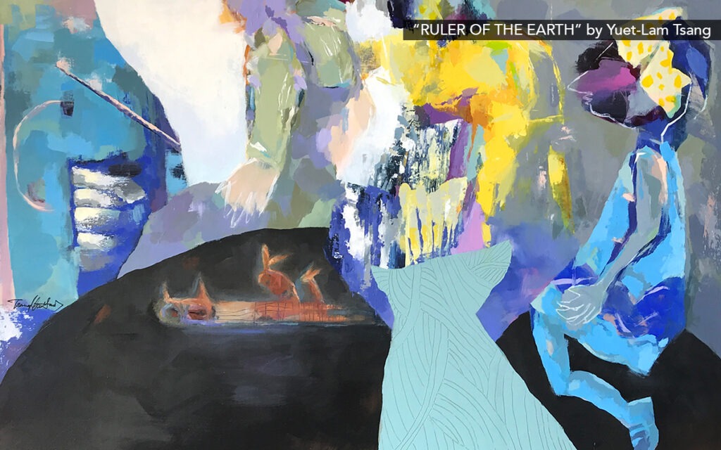 Abstract painting titled, “Ruler of the Earth” by Yuet Lam-Tsang. The piece features delicate and balanced strokes of light blue, yellow, teal, and purple. There appears to be a figure on their knees in the bottom right corner.