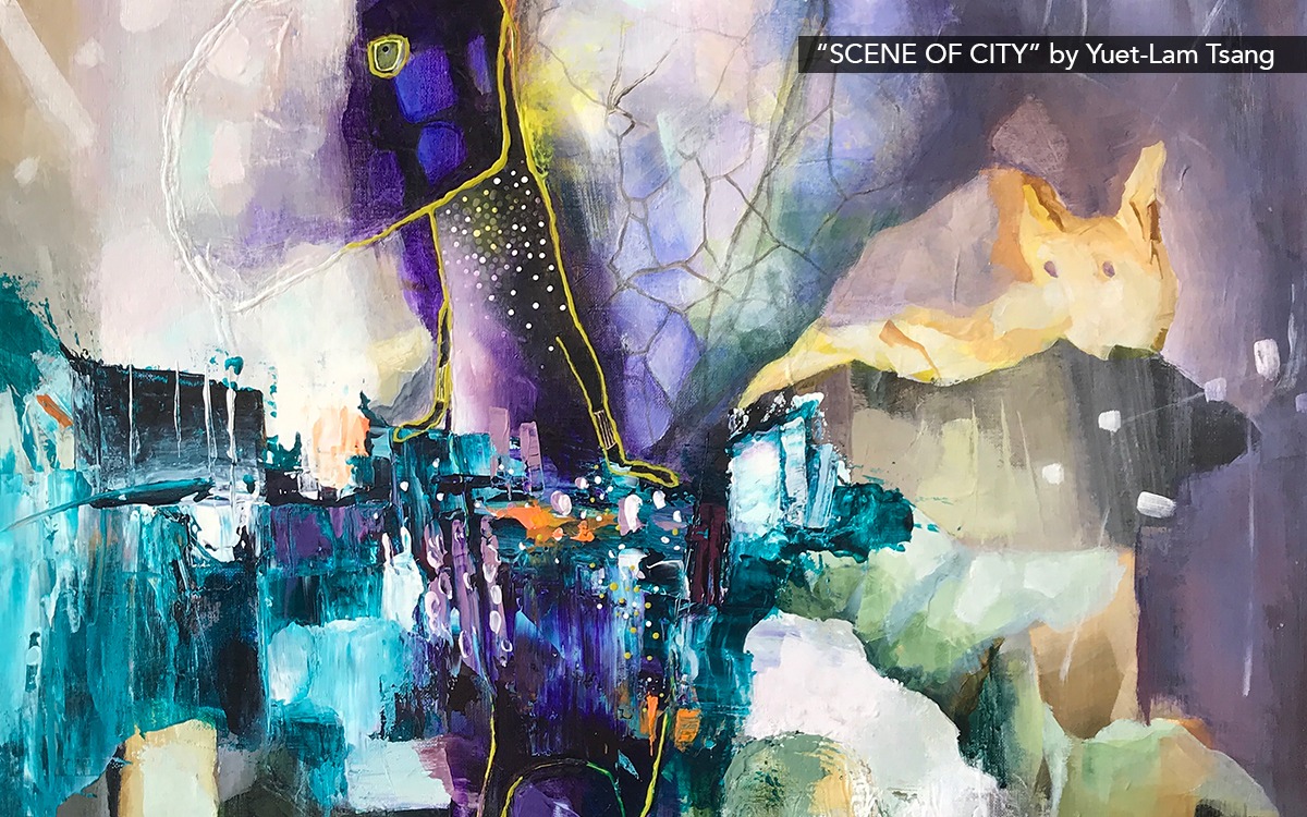 Abstract painting titled, “Scene of City” by Yuet Lam-Tsang. The piece features delicate and balanced strokes of purple, white, and orange with streaks and dots of bright yellow.