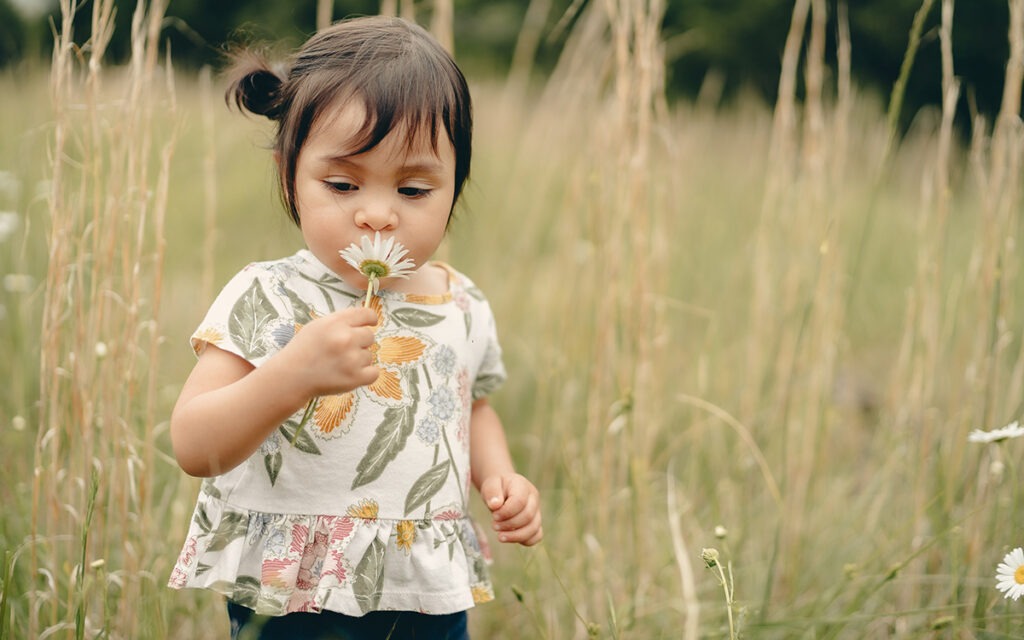 A dark-haired toddler smelling a daisy in a green field. She is wearing a shirt with plants on it.