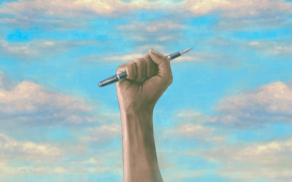 An illustrated hand holding a fountain pen in a fist. In the background, there are clouds against a blue sky.