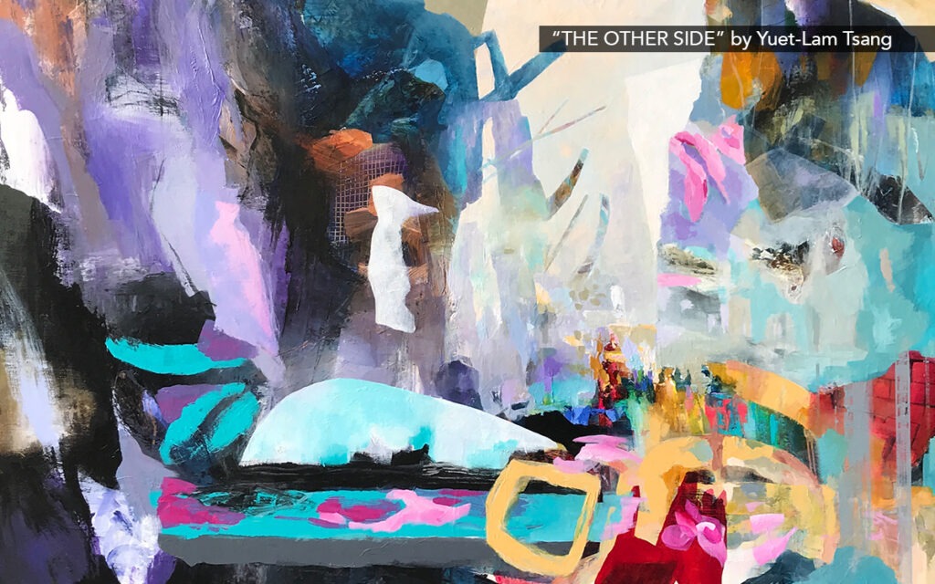 alt: Abstract painting titled, “The Other Side” by Yuet Lam-Tsang. The piece features delicate and balanced strokes of light blue, yellow, teal, and purple.