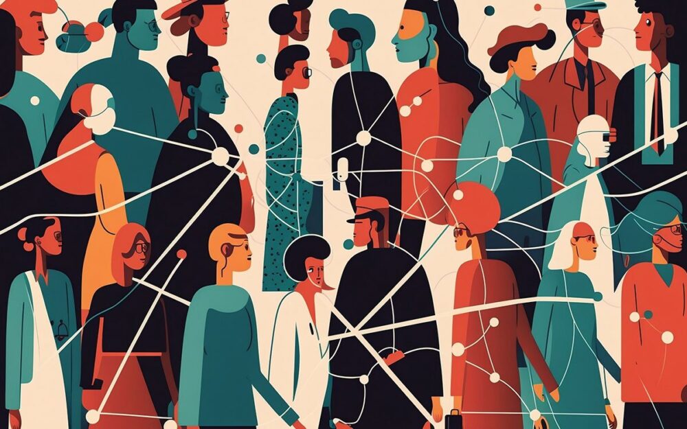 A stylized illustration of many people standing together, with lines and nodes connecting them.