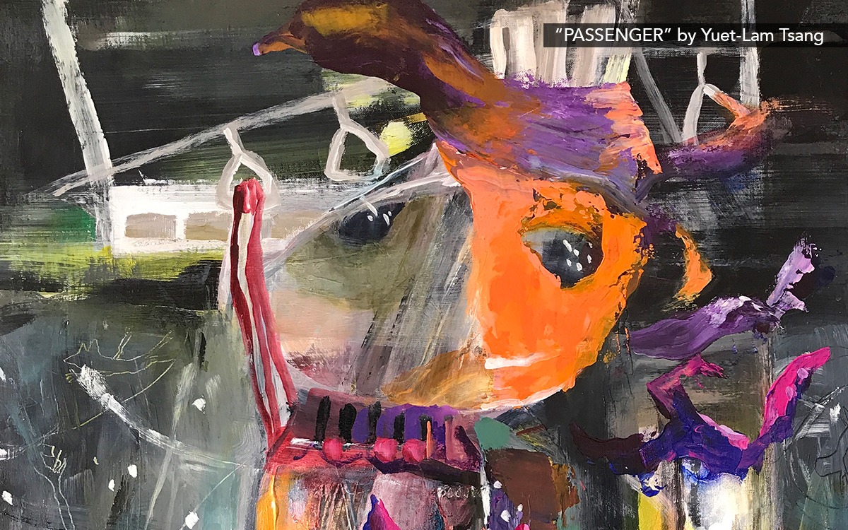 Abstract painting titled, “Passenger” by Yuet Lam-Tsang. The piece features delicate and balanced strokes of peach, orange, gray, and purples. There is a singular figure with two eyes in the center.
