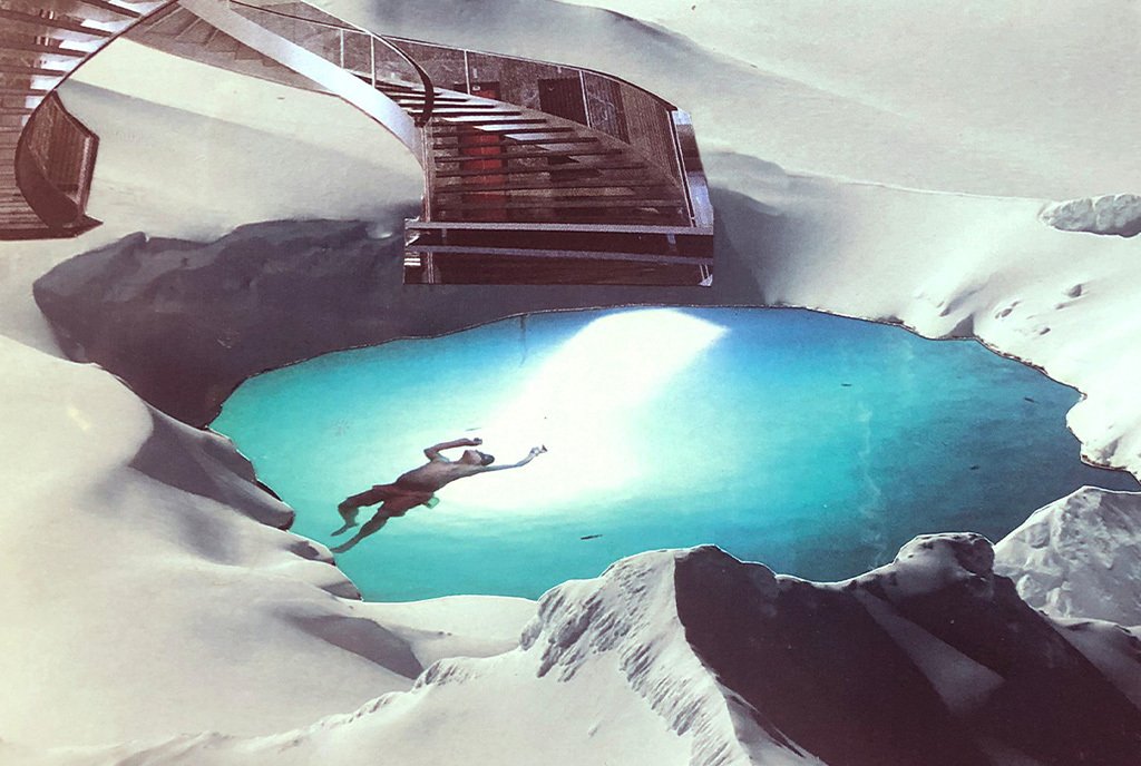 A paper collage showing a dream-like landscape where spiral staircase rises out of a snowy bank in front of a pool of water. A man floats in the pool. The sky is desert sand.