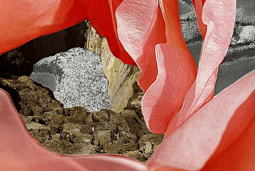  A paper collage showing a dream-like landscape where ribbons of rose petals spiral around a rock formation.