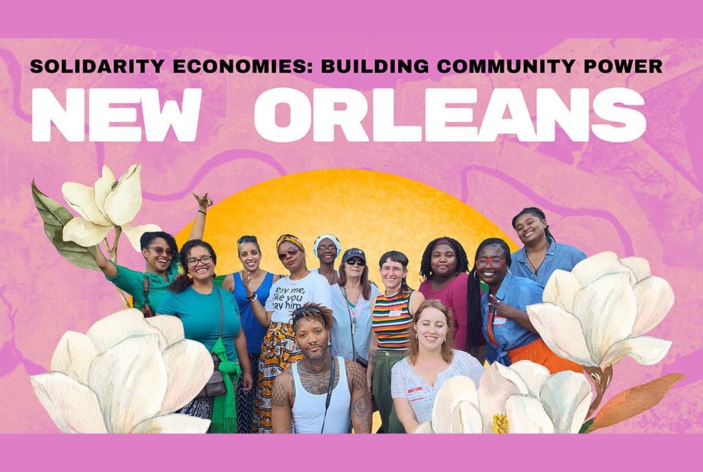 A composition of Culture organizers against a pink background of New Orleans, with white flowers.