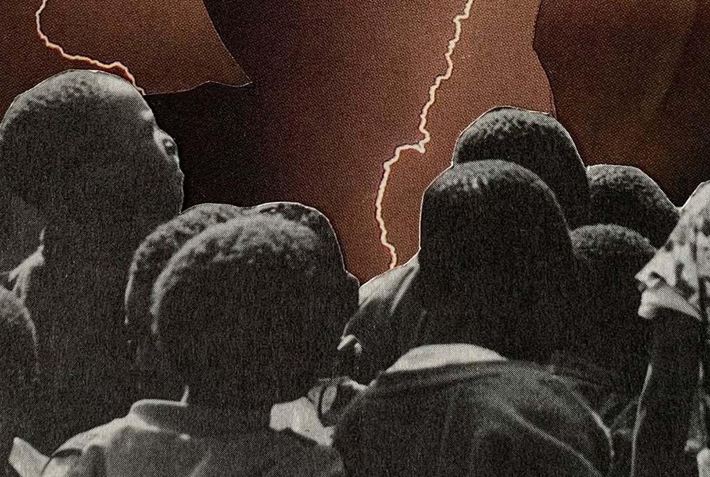 A paper collage showing a dream-like scene of a group of Black children gathered before a lightning storm.