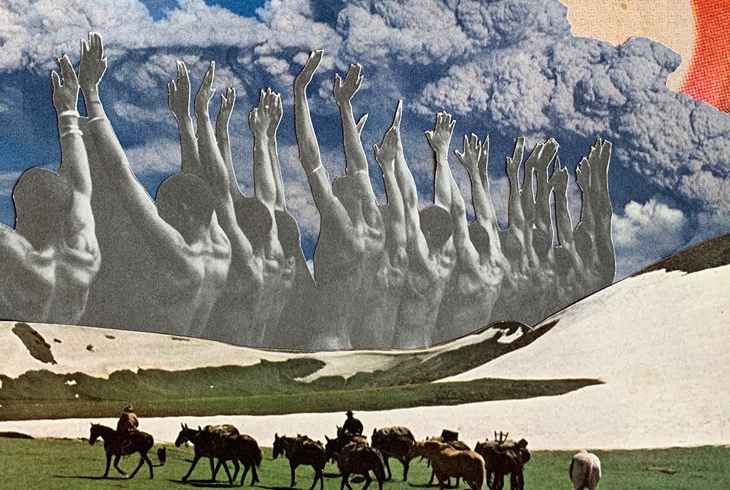 A paper collage showing a dream-like scene of people raising their arms to a sky filled with clouds. Below, there is pasture with cowboys on horses.