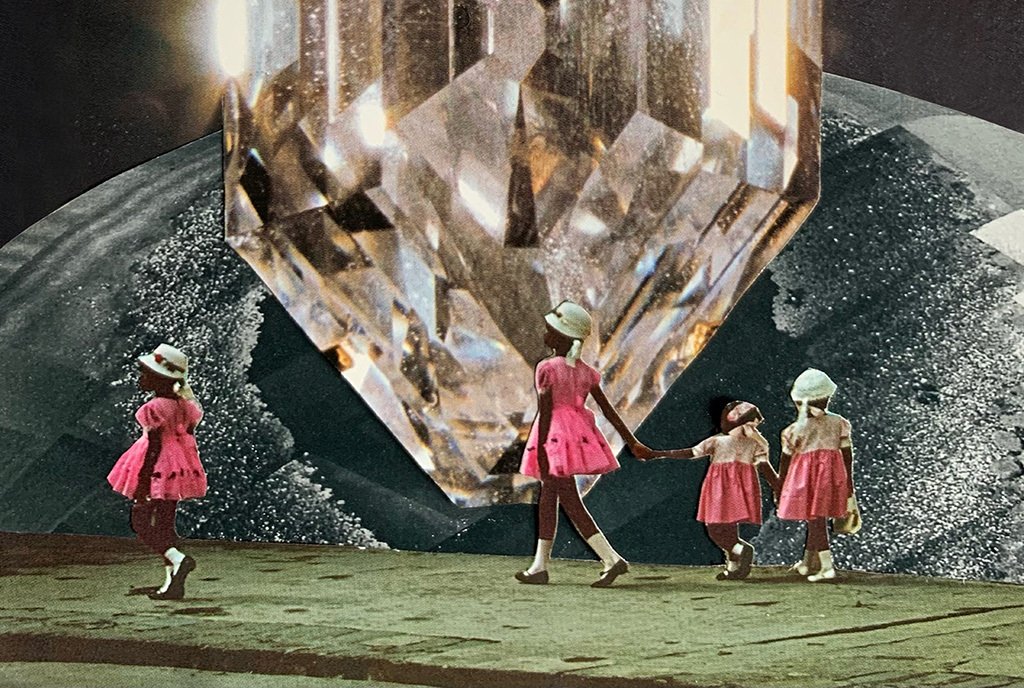 A paper collage showing a dream-like scene of young girls in pink church-clothes walking across a green field. A large crystal rises from the landscape behind them.