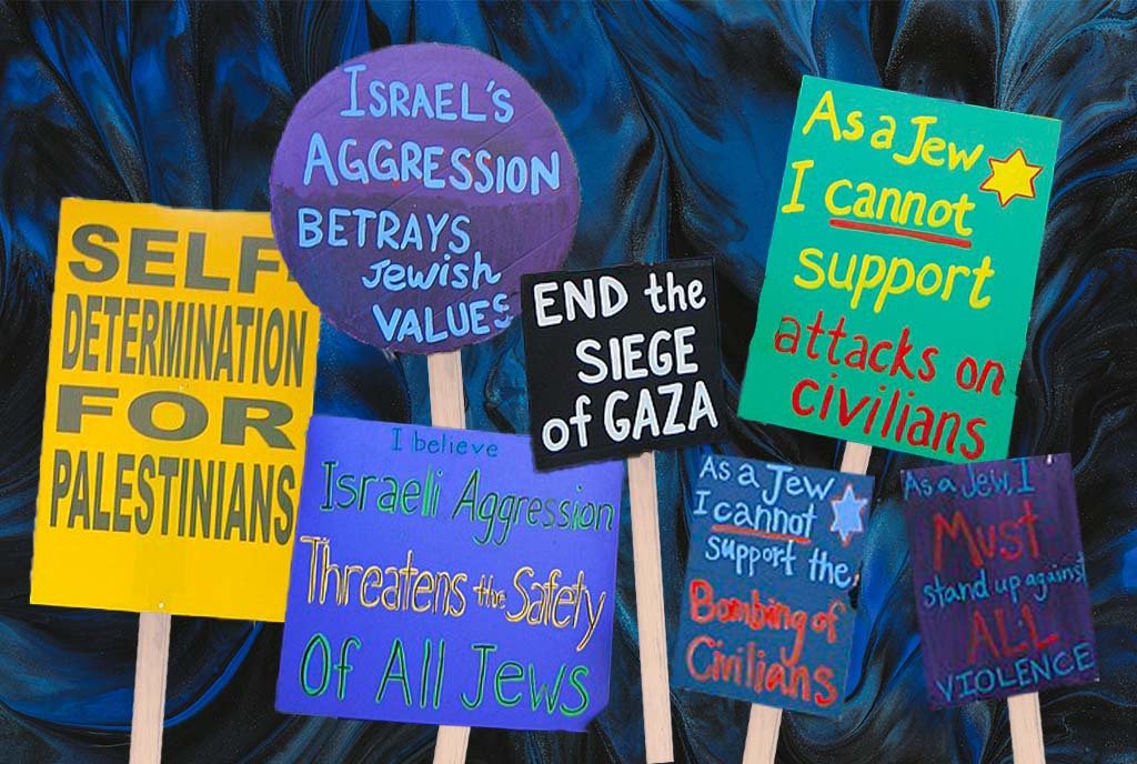 A collection of painted protest signs from Jewish Voices for Peace, with sayings that challenge Israel’s aggression and support the livelihood of Palestinian civilians.