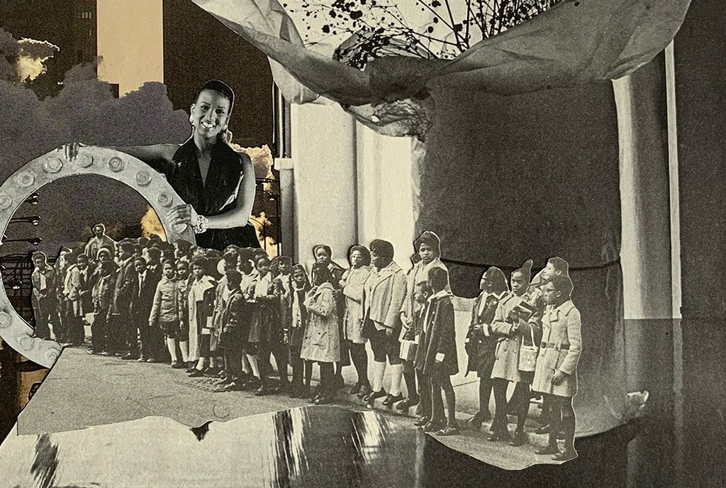 A paper collage showing a dream-like scene of a woman holding a lit wheel with a line of children emerging from the center. Above, a bouquet of baby’s breath is wrapped in crinkled paper.
