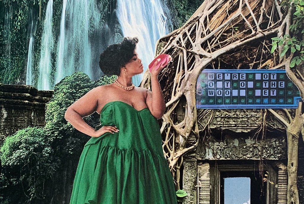 A paper collage showing a dream-like scene of a Black woman in a green dress, in front of a rushing waterfall. There is a wheel of fortune gameboard in the background showing the partially filled words “We’re Not Out of the Woods Yet”