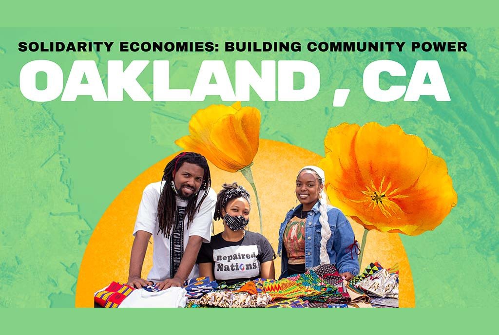 A composition of The author teaching about Collective Courage against a light green map of Oakland, CA with orange flowers.