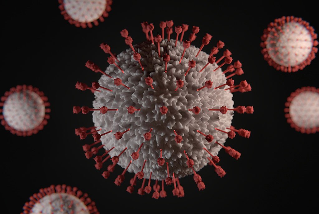 A 3-D rendered hepatitis C virus with a white envelope and red protein spikes.