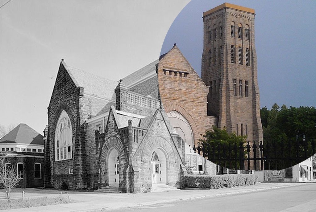 A vintage black and white image of Second Presbyterian Church (Clayborn Temple) in Memphis, TN with an overlayed color image of the church.