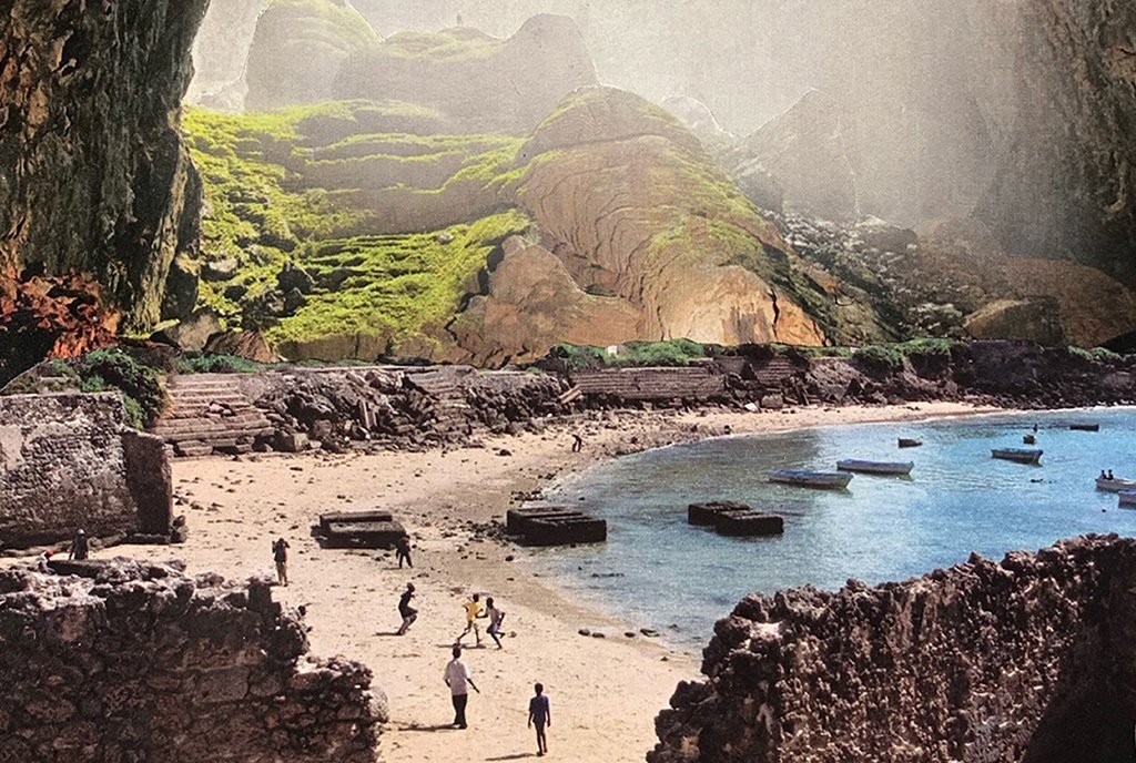 A paper collage showing a dream-like scene of people dotting a beach surrounded by mountains covered in lush greenery.