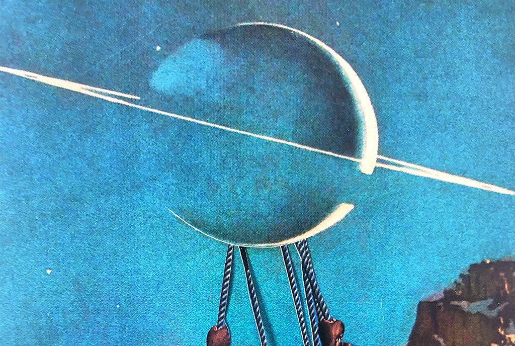 A paper collage showing a dream-like scene of the outline of Saturn, with ropes pulling the planet downward. Black hands pulling the ropes.