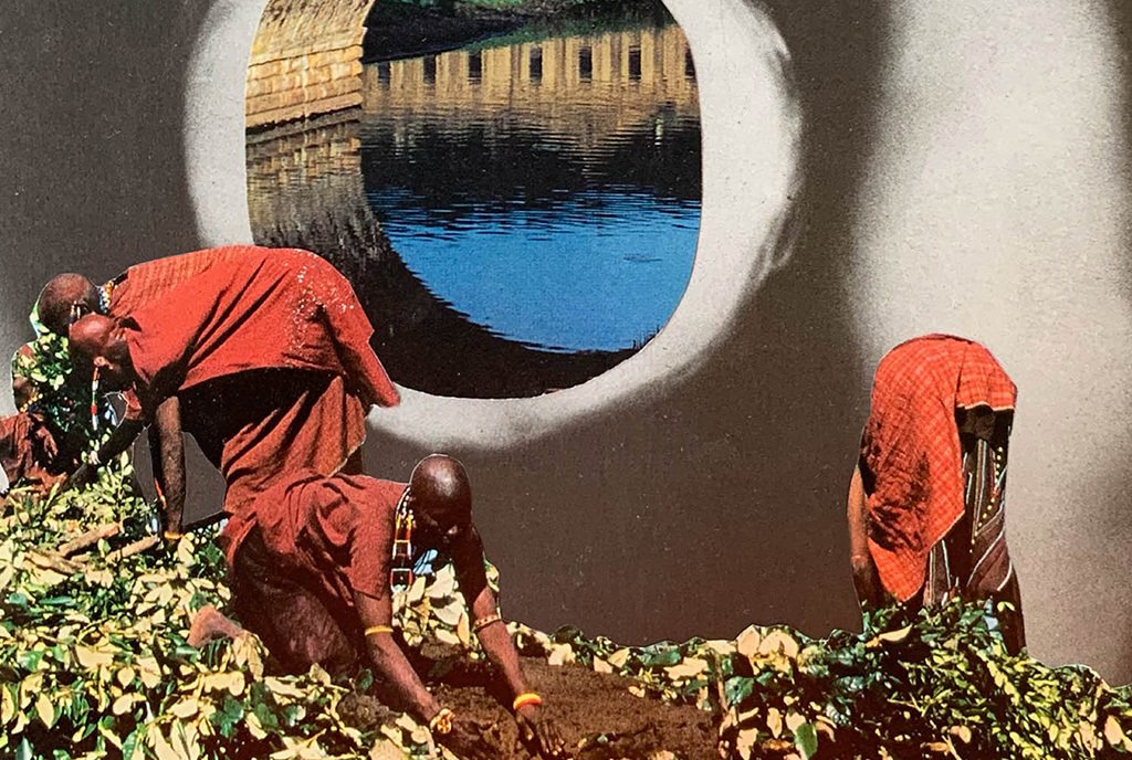 A paper collage showing a dream-like scene of Black women wearing beautiful red gowns and working in a field. There is a portal behind them.