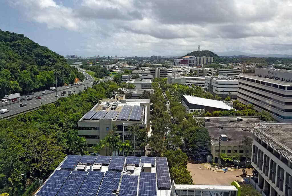 An aerial image of Rooftop solar panels in Guayanabo, Puerto Rico.