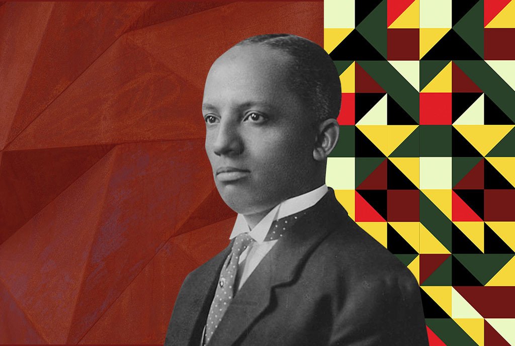 Composition of Carter G. Woodson against a tiled background with the pan-African colors.