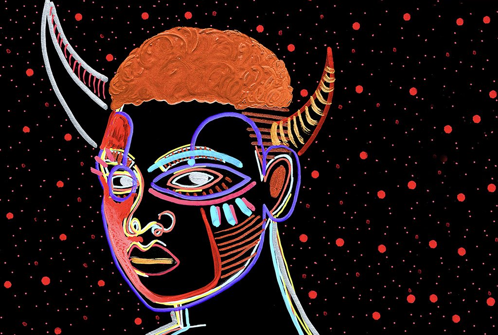 Colorful line-art painting of a Black woman with a cropped hairstyle and devil’s horns. She is against a black background with red dots.