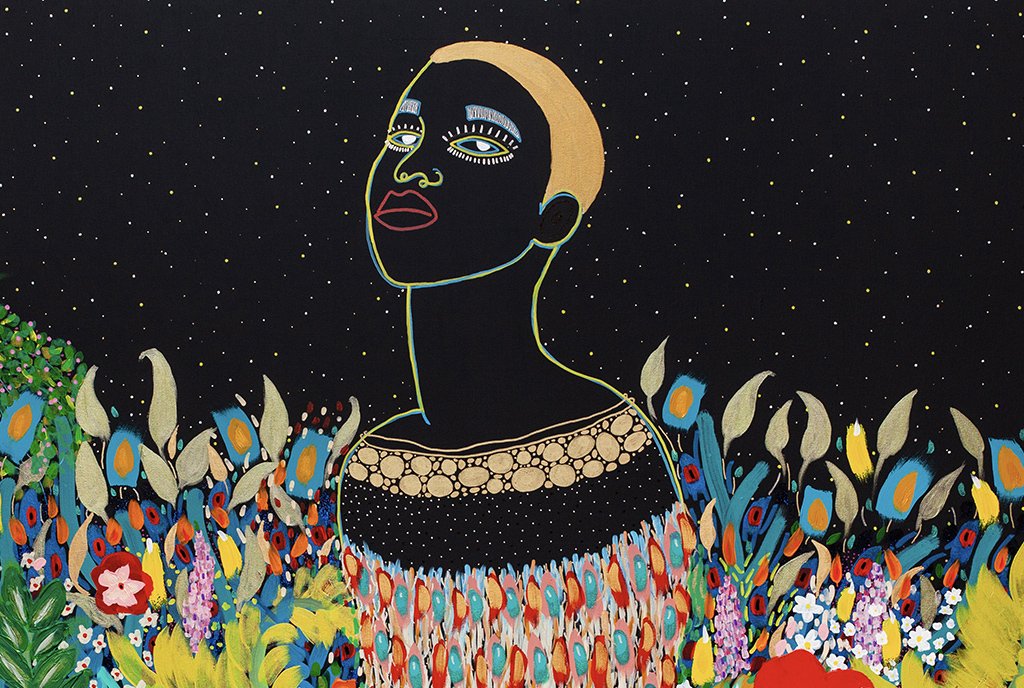 Colorful line-art painting of a Black woman with golden cropped hair, wearing a bright feather dress. She is in a field of bright flowers.