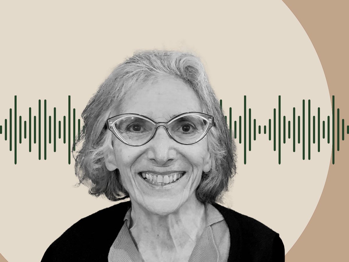 peaker, Gilda Haas, smiling against a tan background with a green soundwave