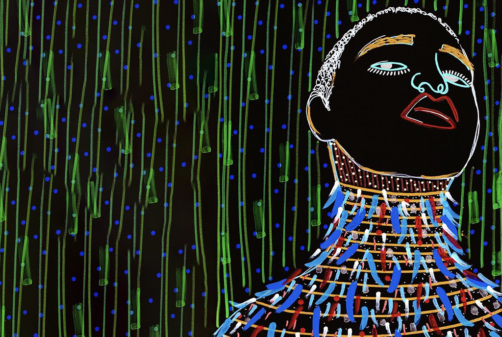 Colorful line-art painting of a Black woman with a cropped hairstyle. Her eyes are closed and her face is facing upwards. She is against a black background with green stripes.
