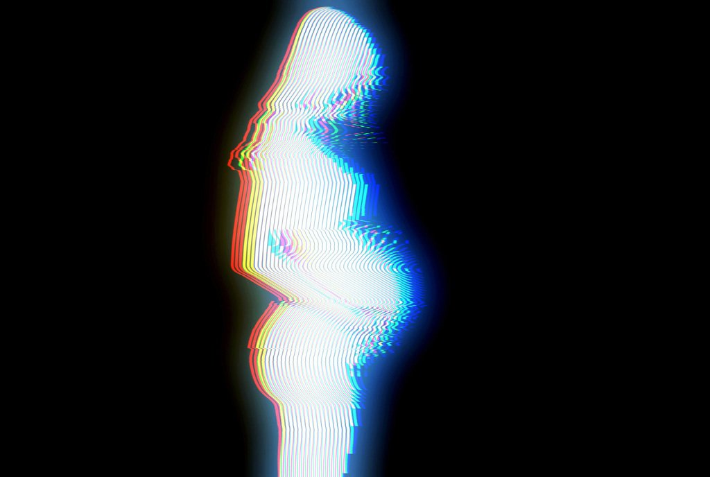 A glitched, digitized image of a pregnant woman holding her belly